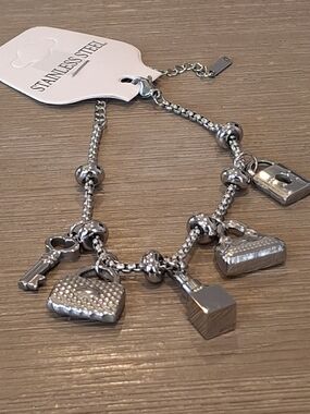 Silver Charm Bracelet with Lock, Key & Purse Charms
